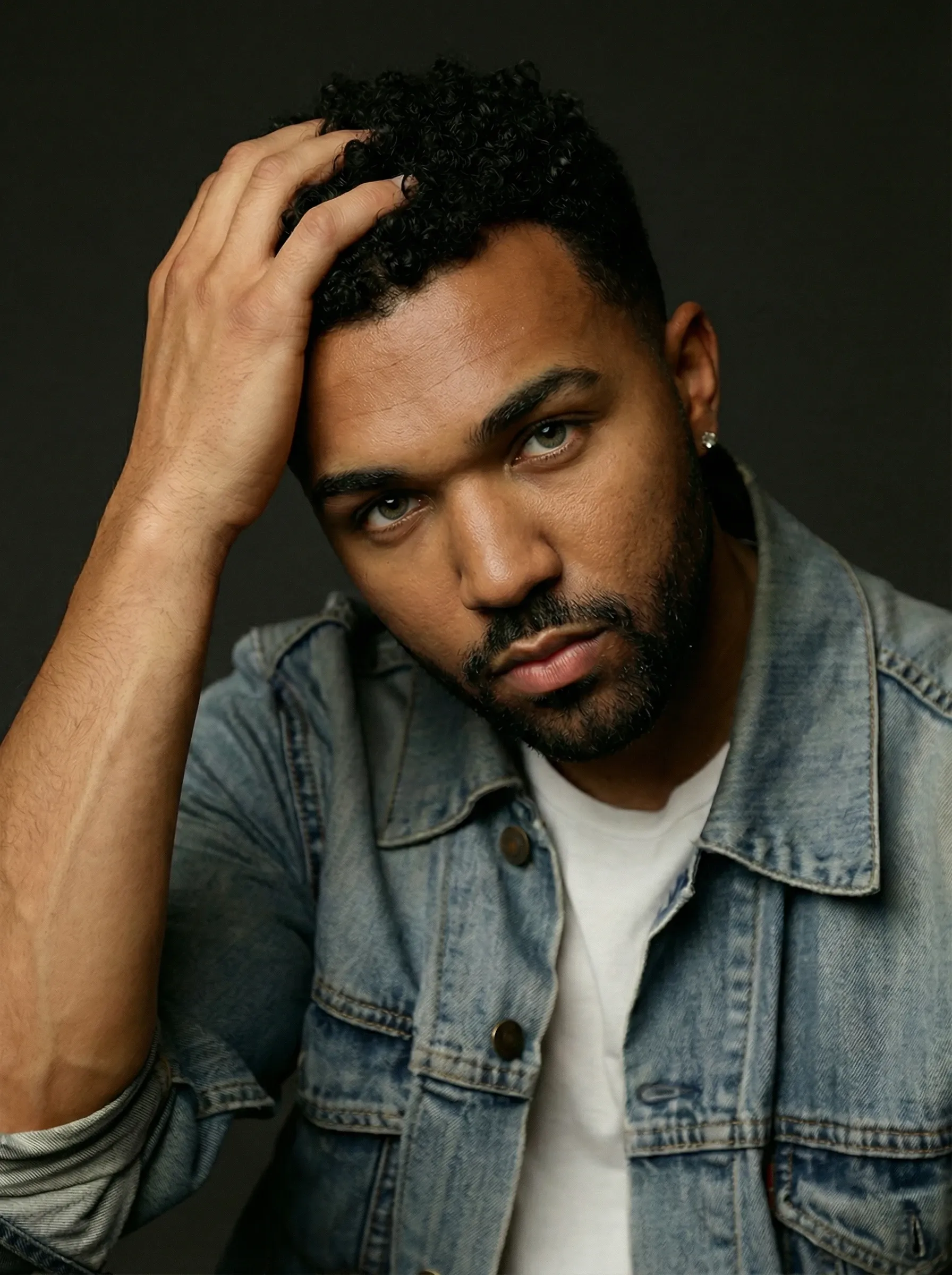 Actor in neutral casual wear with photography studio backdrop and professional lighting